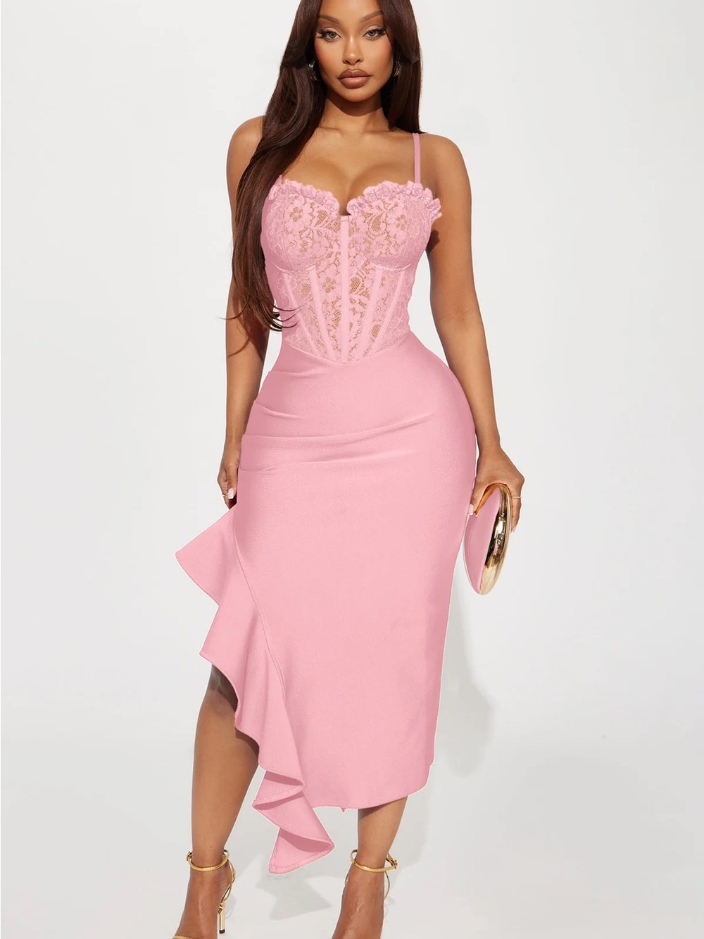 Pink Lace Bodice Ruffle Midi Dress - Picture 3 of 7